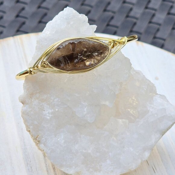 Smoky Quartz Leaf Wire Wrap Cuff – 14Kt Gold Over Copper – Grounding Talisman - Picture 8 of 12